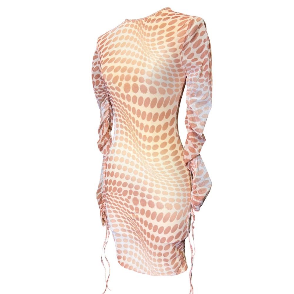 Oh Polly Mesh Mini Dress Size US 0 UK 4 Peach Brown Abstract Dot Ruched Sleeve